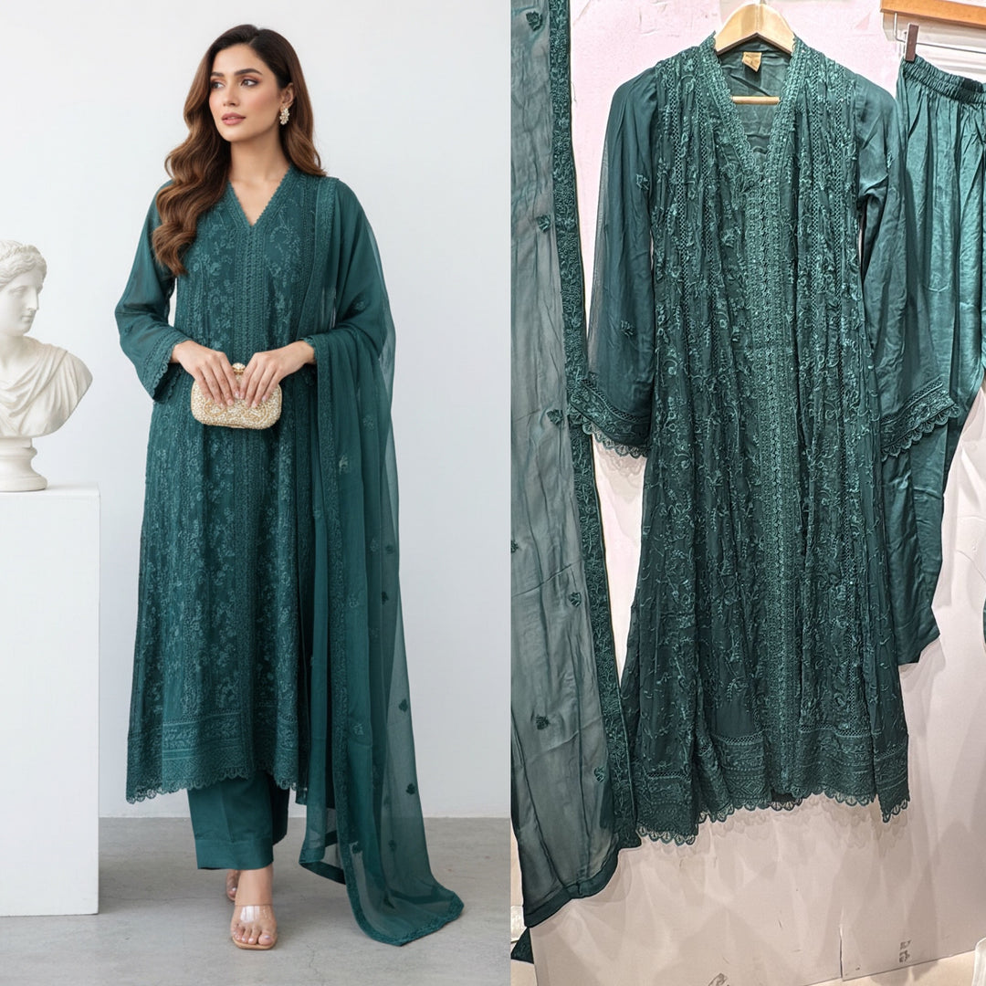 331C- GREEN EMBROIDERED CHIFFON 3 PIECE SUIT
