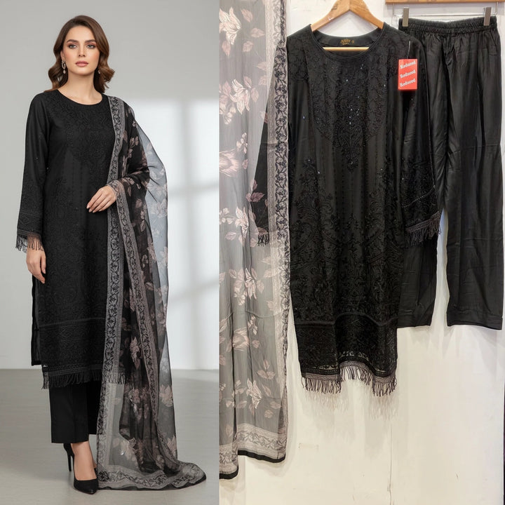 1183B - Black Embroidered linen 3 piece suit
