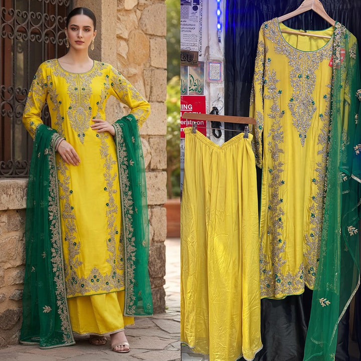 0159B- Embroidered Silk Long Shirt with Farshi Palazzo & Net Dupatta