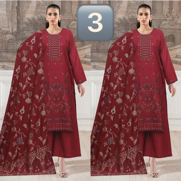 DF03 - RED DHANAK LINEN EMBROIDERED SUIT