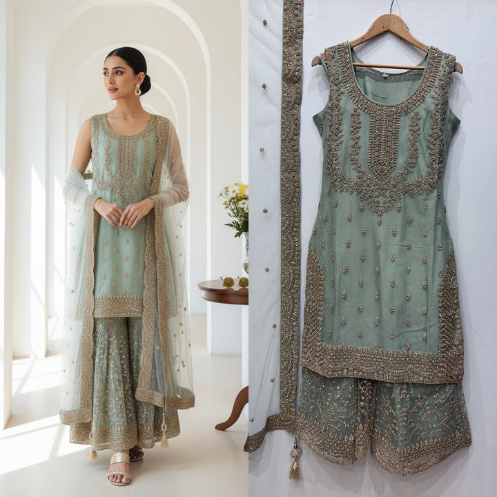 7002C- LIGHT GREEN EMBROIDERED & EMBELLISHED SHARARA SUIT