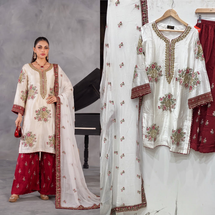 335D- White/Red Embroidered Shamoz Silk 3 Piece Suit - East meets west clothing 