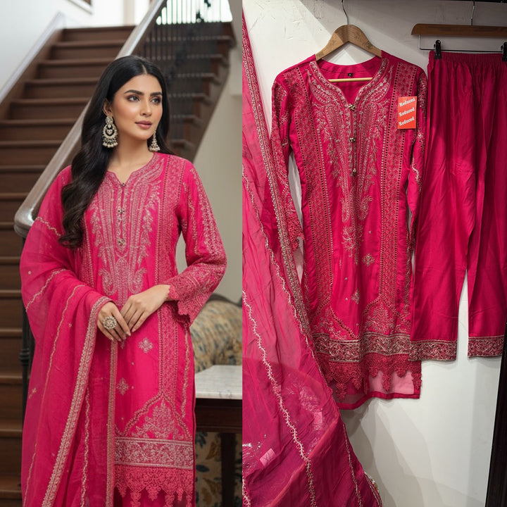 1153B - Pink Embroidered Linen 3 Piece suit