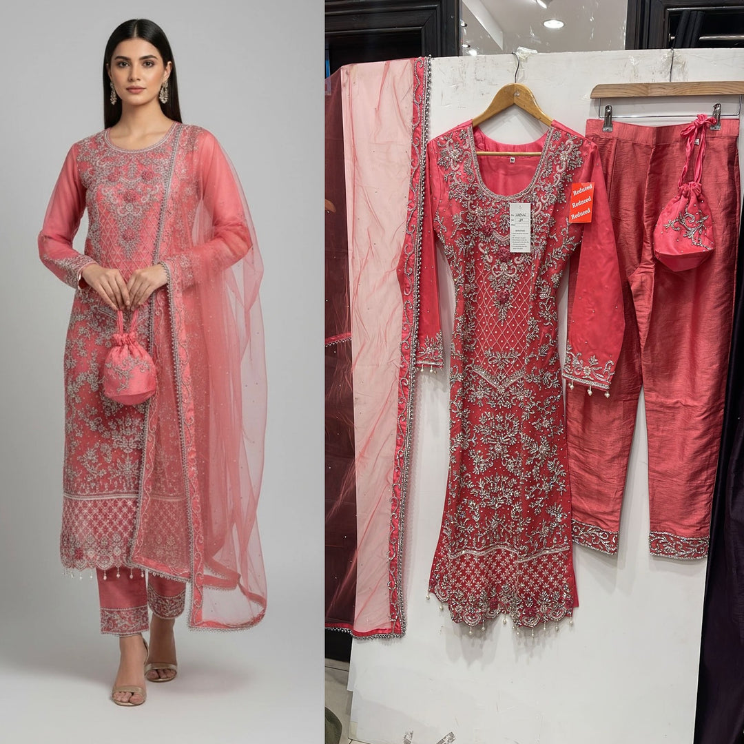 151A  - CORAL EMBROIDERED & EMBELLISHED NET SUIT