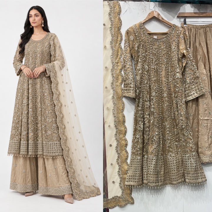 375 BEIGE GOLD EMBROIDERED 3 PIECE SUIT