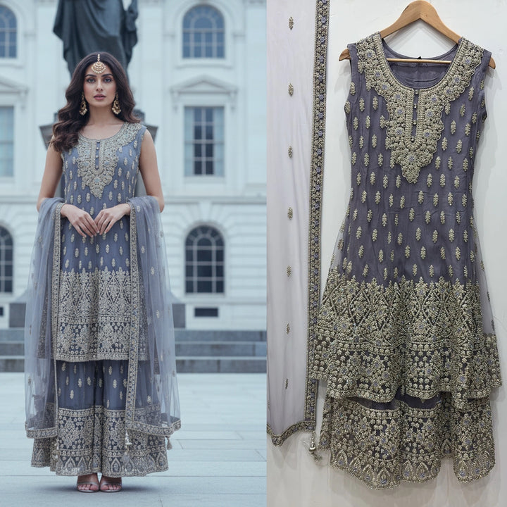 7003B- PURPLE EMBROIDERED & EMBELLISHED SHARARA SUIT