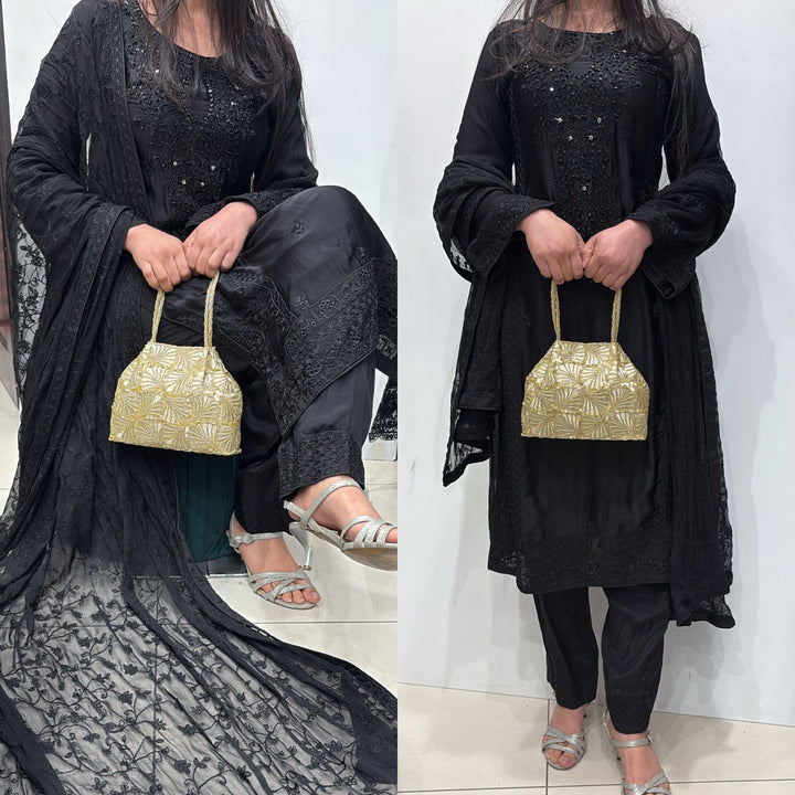 AG22e- BLACK EMBROIDERED SILK 3 PIECE SUIT