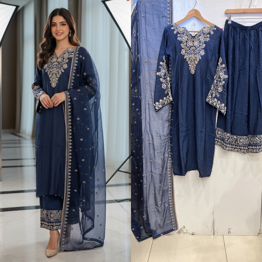 360A- Blue Embroidered Silk 3 Piece Suit