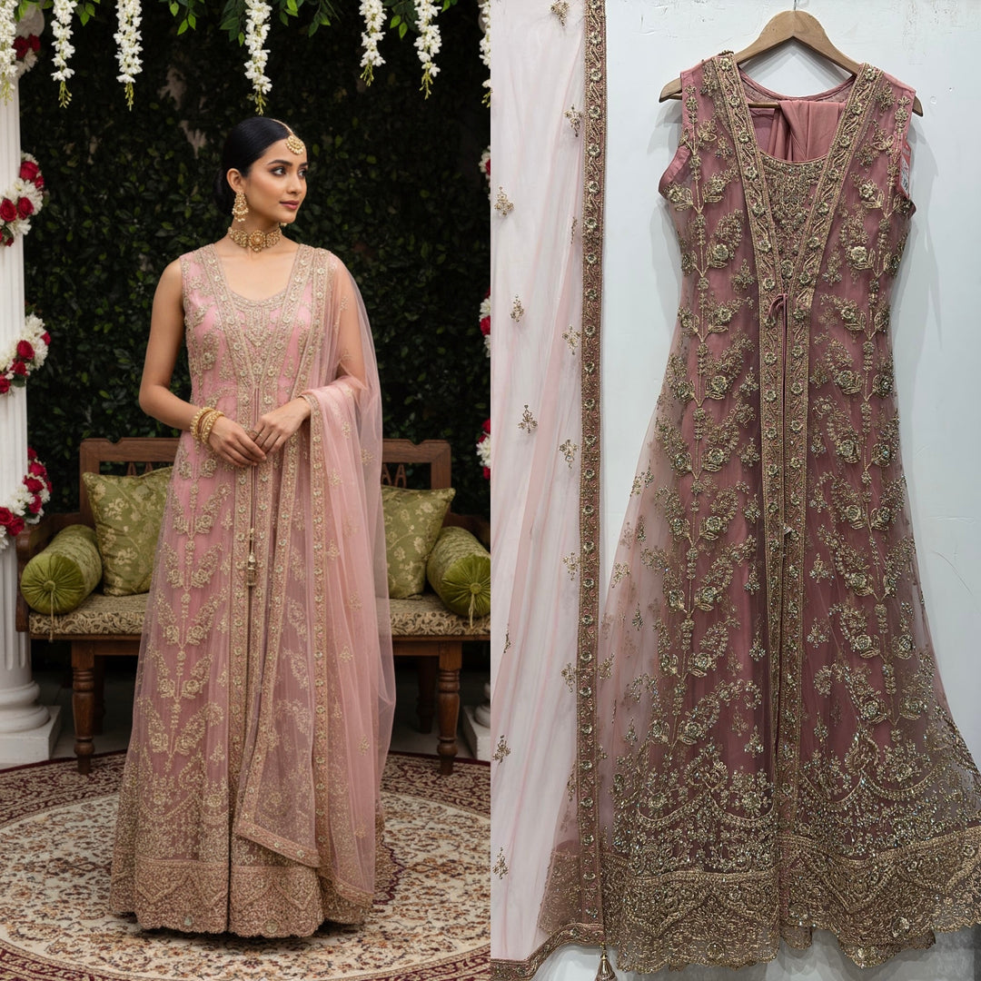 7014B- Pink Embroidered & Embellished net long dress