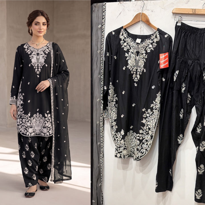 1128D - Black Viscose Shirt with Farshi Shalwar & Chiffon Dupatta