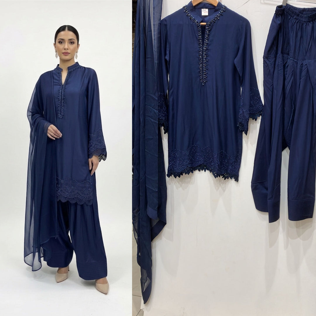 1116K - Blue Viscose Silk Shirt with Farshi Shalwar & Chiffon Dupatta