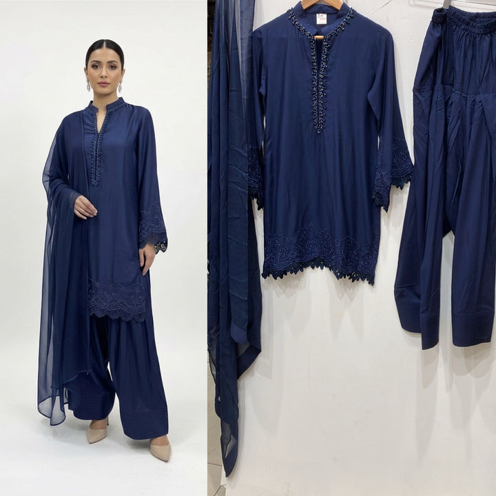 1116K - Blue Viscose Silk Shirt with Farshi Shalwar & Chiffon Dupatta