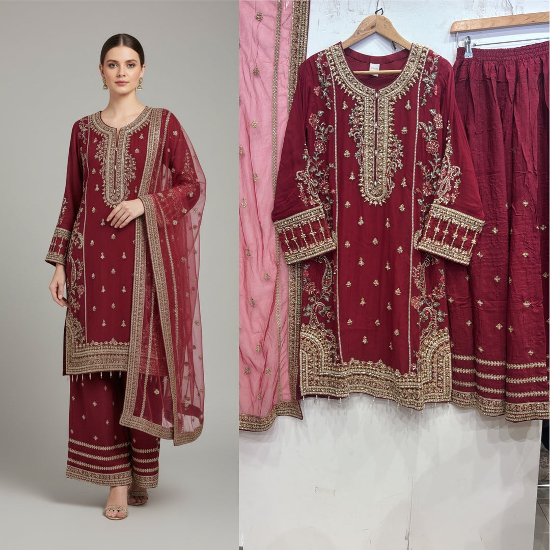 344B- Red Embroidered Chiffon 3 Piece Suit