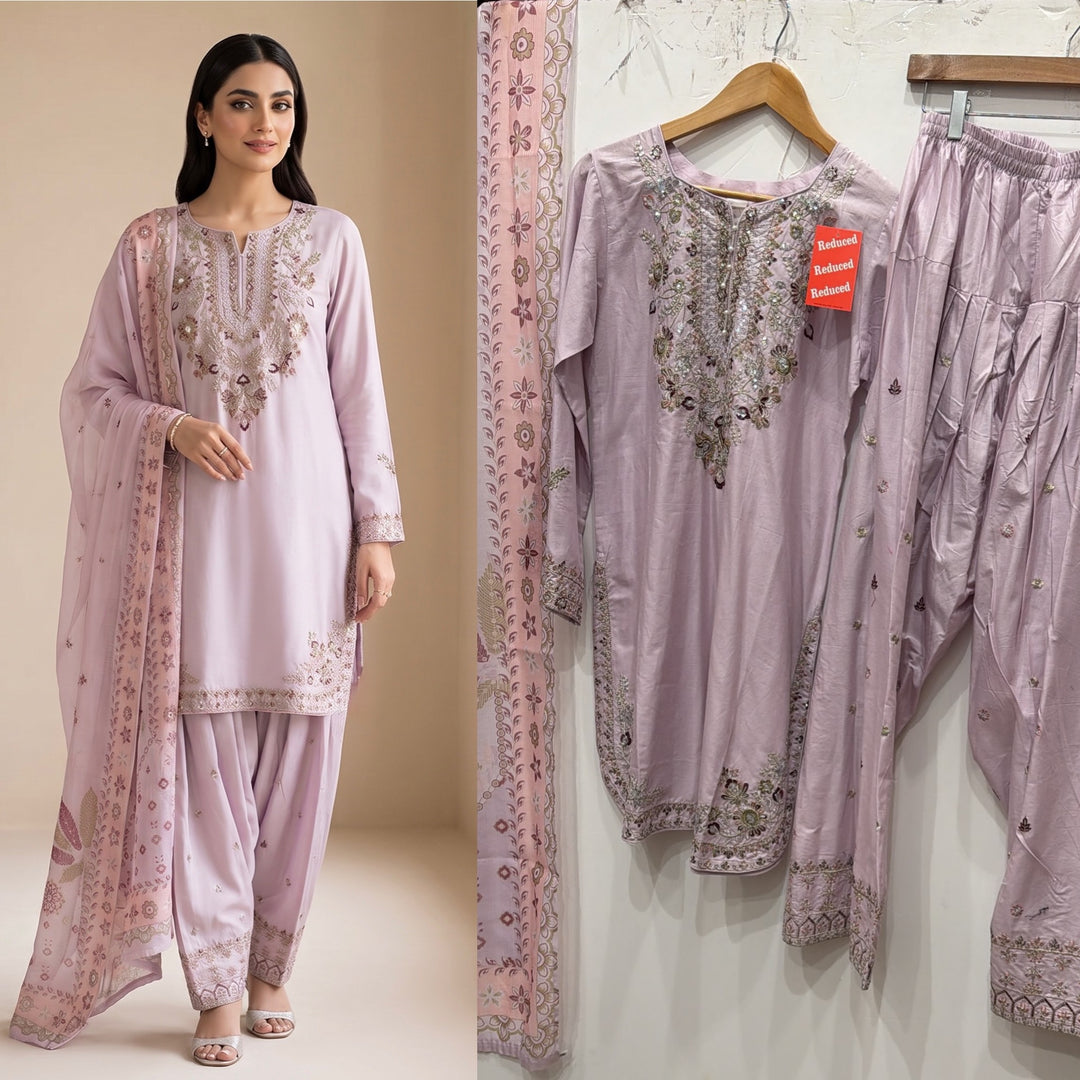 1129D - Lilac Viscose Shirt with Farshi Shalwar & Chiffon - East meets west clothing 