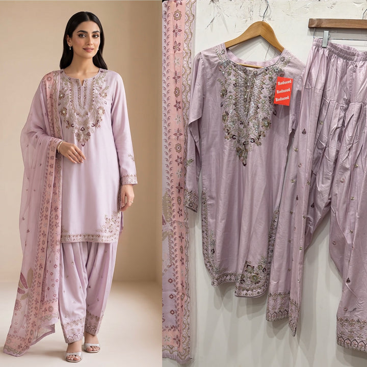 1129D - Lilac Viscose Shirt with Farshi Shalwar & Chiffon - East meets west clothing 