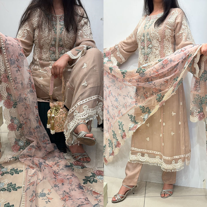 BABY PINK EMBROIDERED CHIFFON 3 PIECE SUIT 228E
