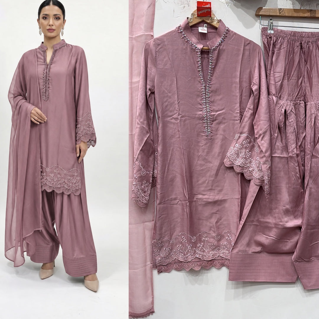 1116G - Muted purple Viscose Silk Shirt with Farshi Shalwar & Chiffon Dupatta - East meets west clothing 