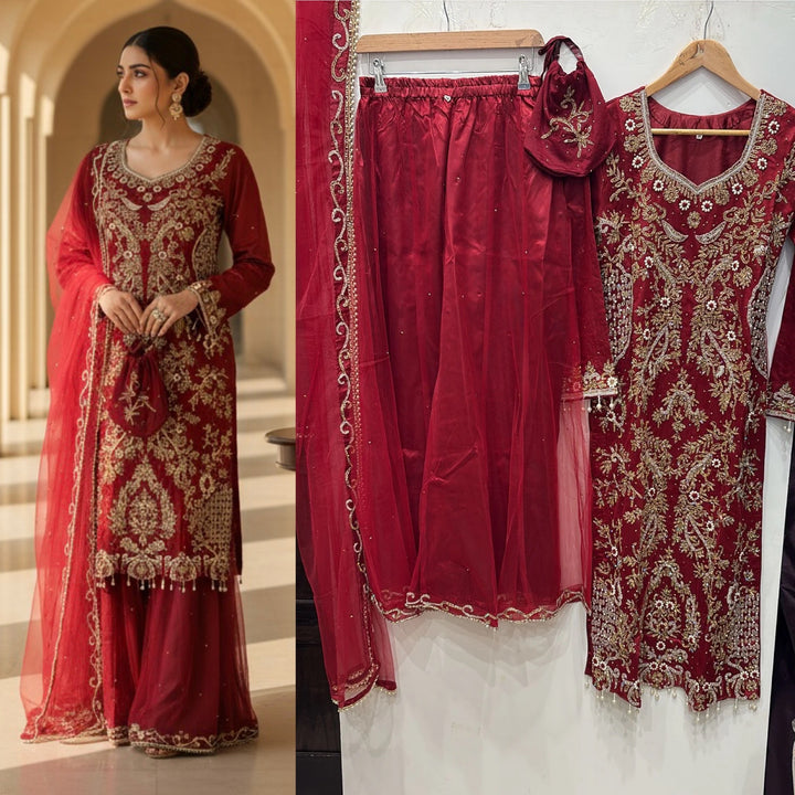 0173C- RED EMBROIDERED SHARARA SUIT