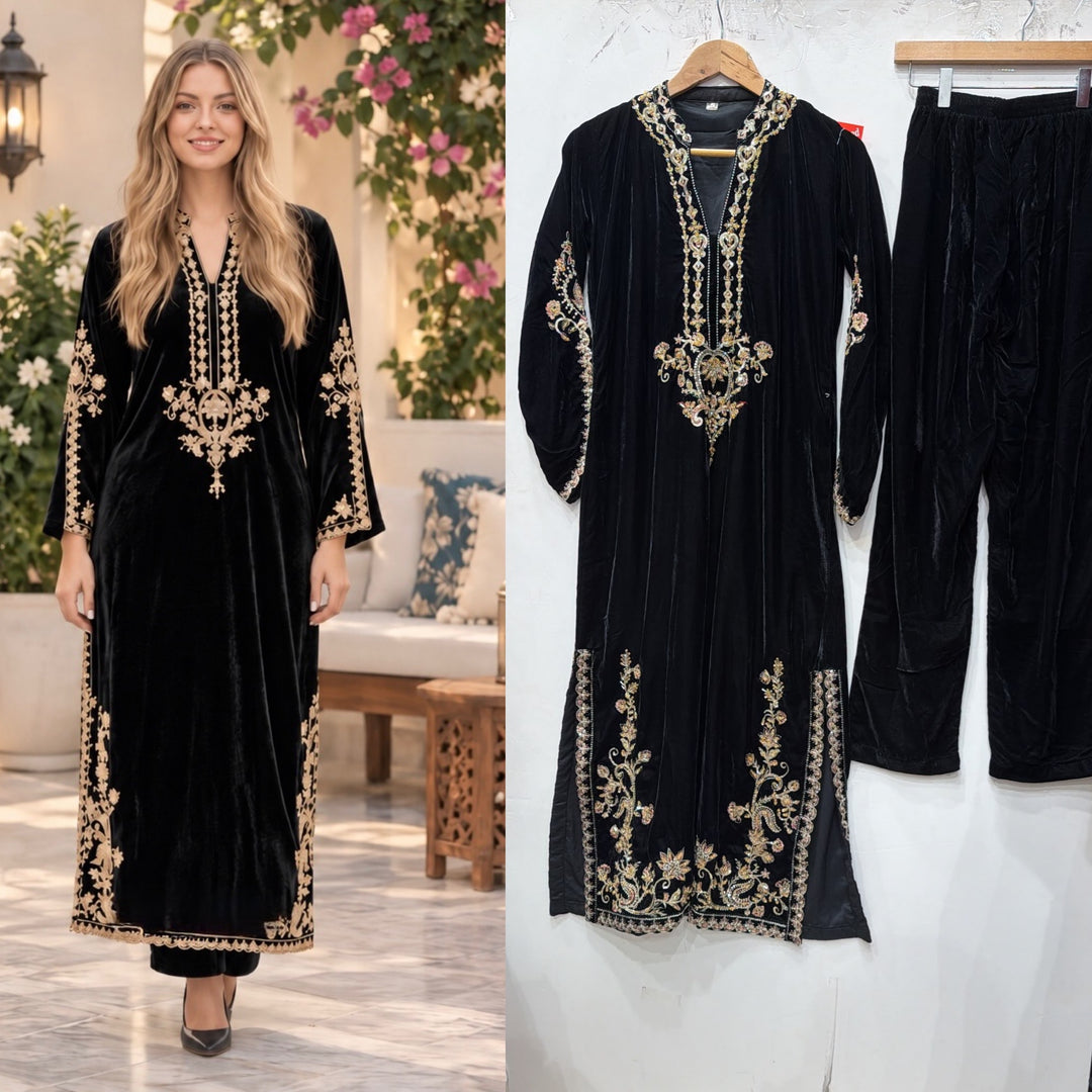 W636 LUXURY VELVET EMBROIDERED KAFTAN SET - East meets west clothing 