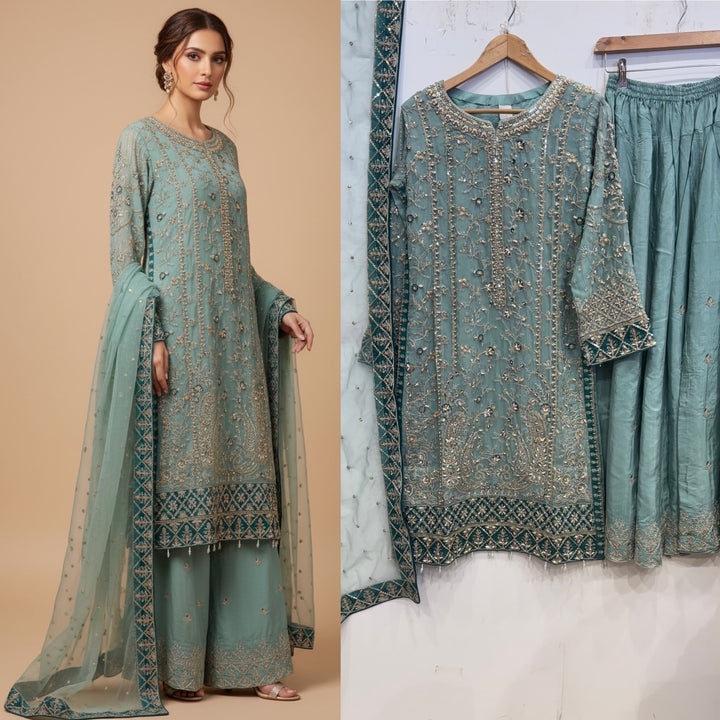 340B- Embroidered Chiffon 3 Piece Suit