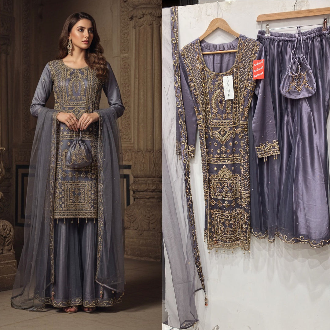 218C- PURPLE EMBROIDERED & EMBELLISHED NET SUIT