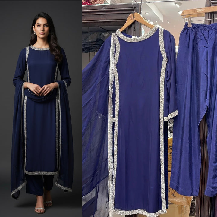 433B - BLUE CHIFFON EMBROIDERED ADDA WORK SUIT