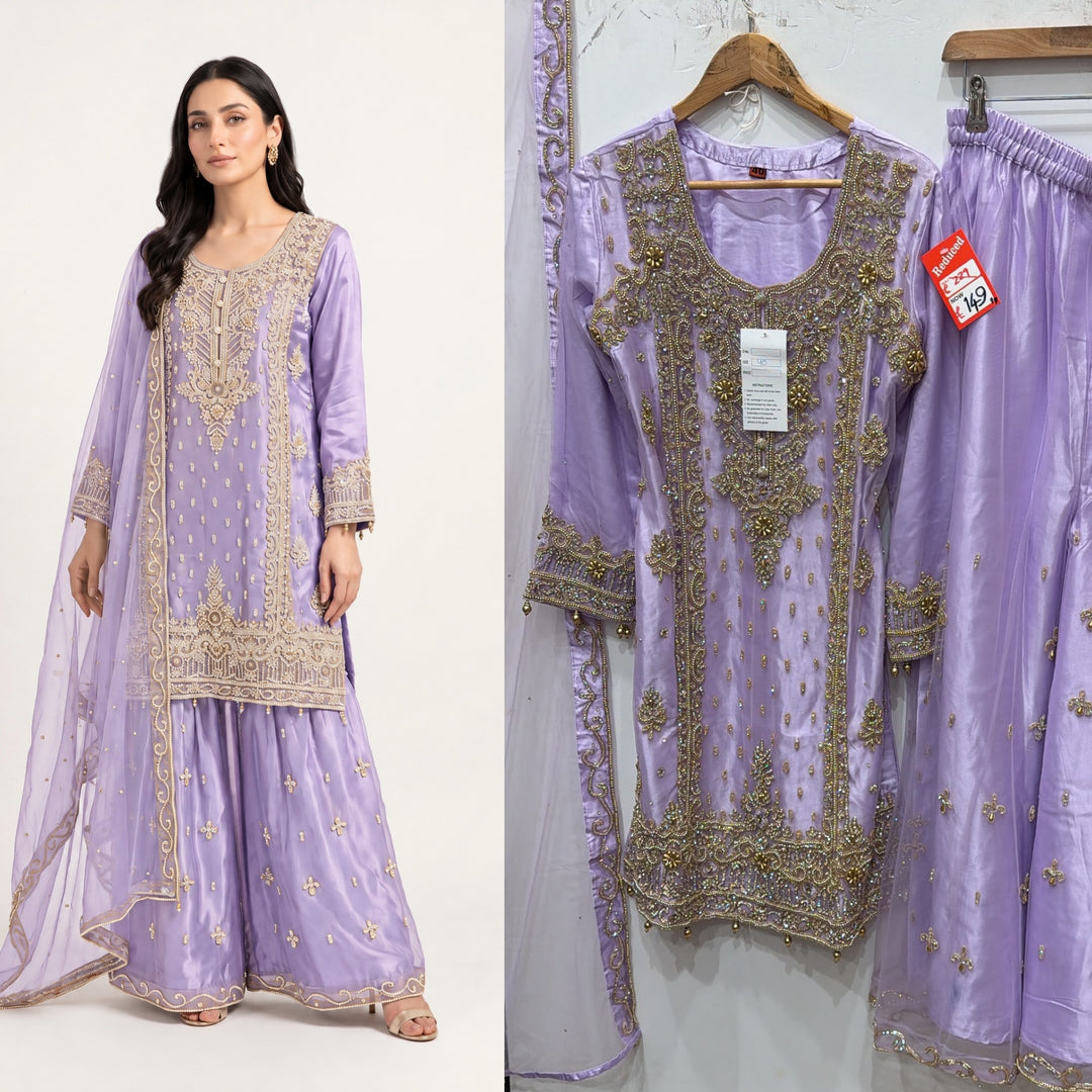 142C EMBROIDERED & EMBELLISHED NET 3 PIECE SUIT