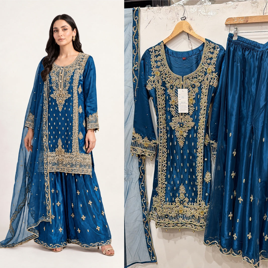 142D EMBROIDERED & EMBELLISHED NET 3 PIECE SUIT - East meets west clothing 