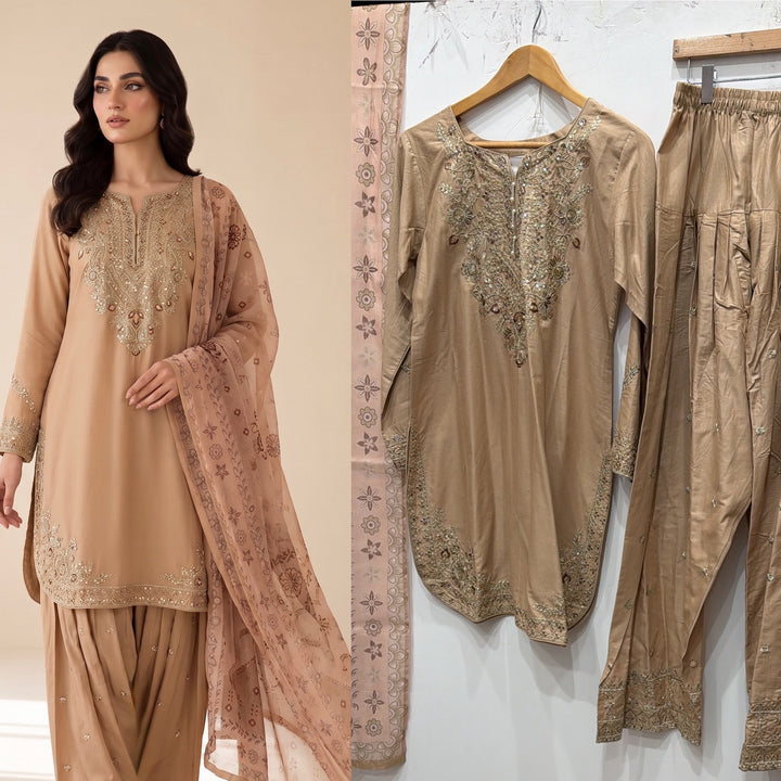 1129C - Beige Viscose Shirt with Farshi Shalwar & Chiffon - East meets west clothing 