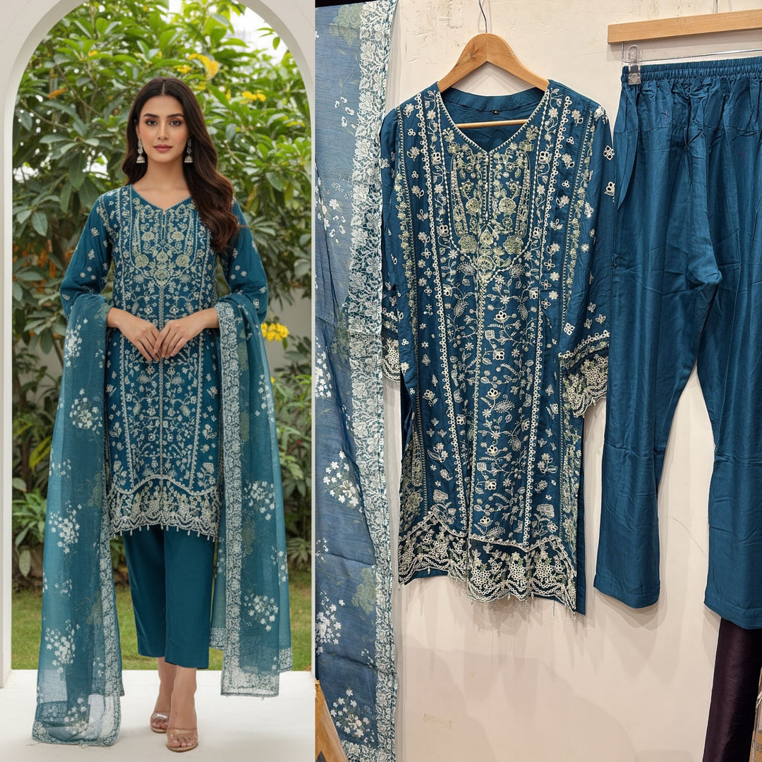 1152D -  TEAL EMBROIDERED LINEN 3 PIECE SUIT