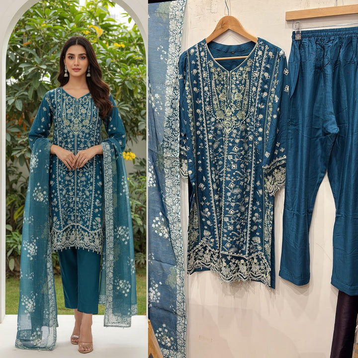 1152D -  TEAL EMBROIDERED LINEN 3 PIECE SUIT