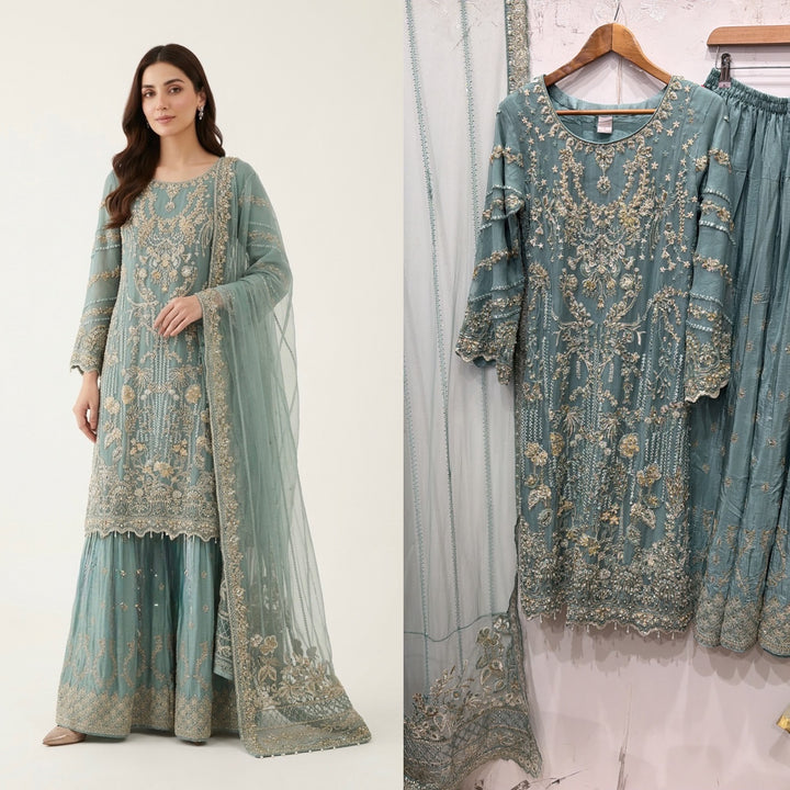 380A Embroidered Chiffon 3 Piece Sharara Suit - East meets west clothing 