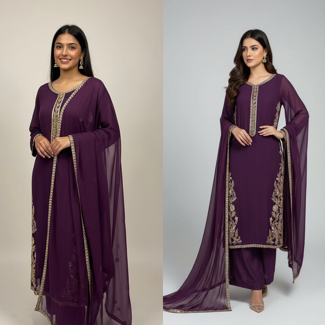 323A - PURPLE CHIFFON EMBROIDERED ADDA WORK SUIT