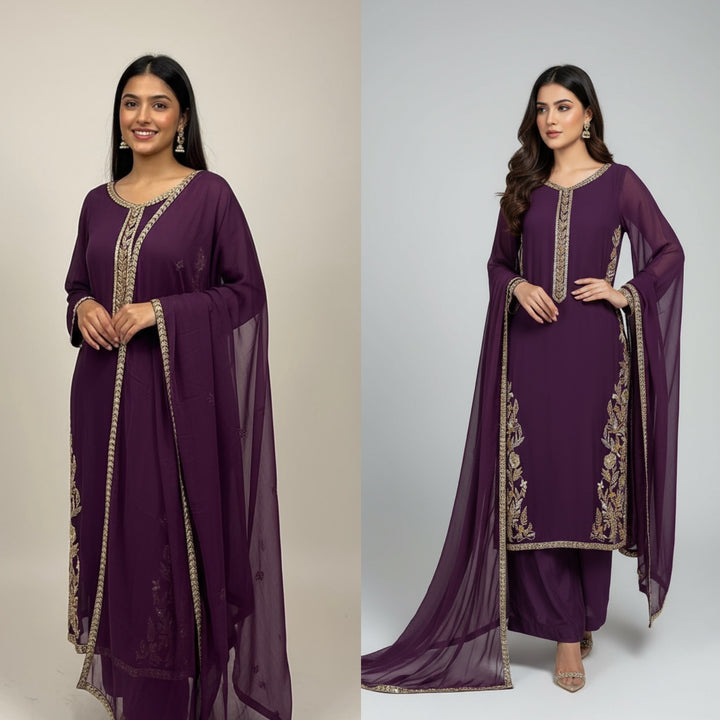 323A - PURPLE CHIFFON EMBROIDERED ADDA WORK SUIT