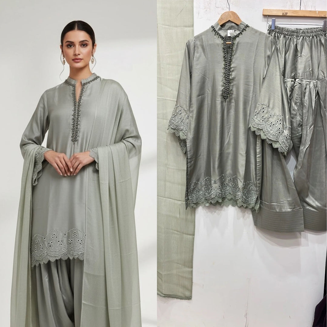 NF10 - Grey Farshi Shalwar Embroidered linen suit