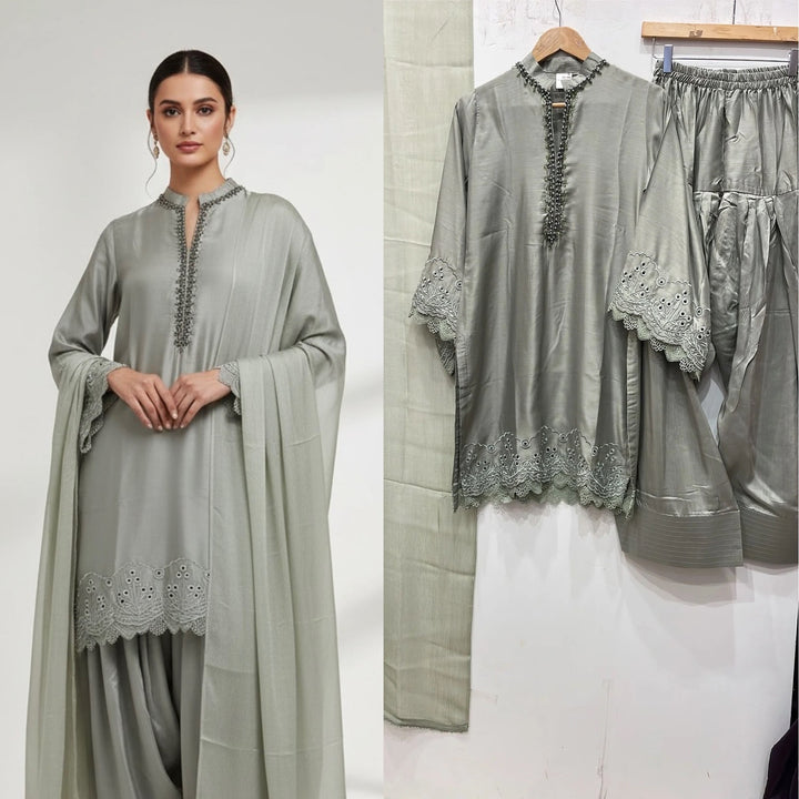 NF10 - Grey Farshi Shalwar Embroidered linen suit
