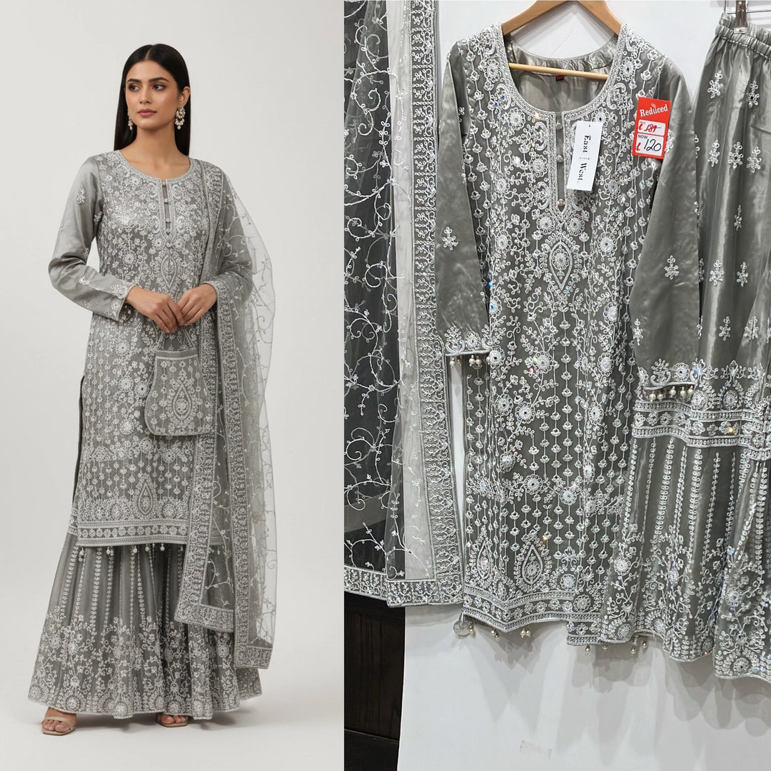 179B - GREY EMBROIDERED & EMBELLISHED NET SUIT
