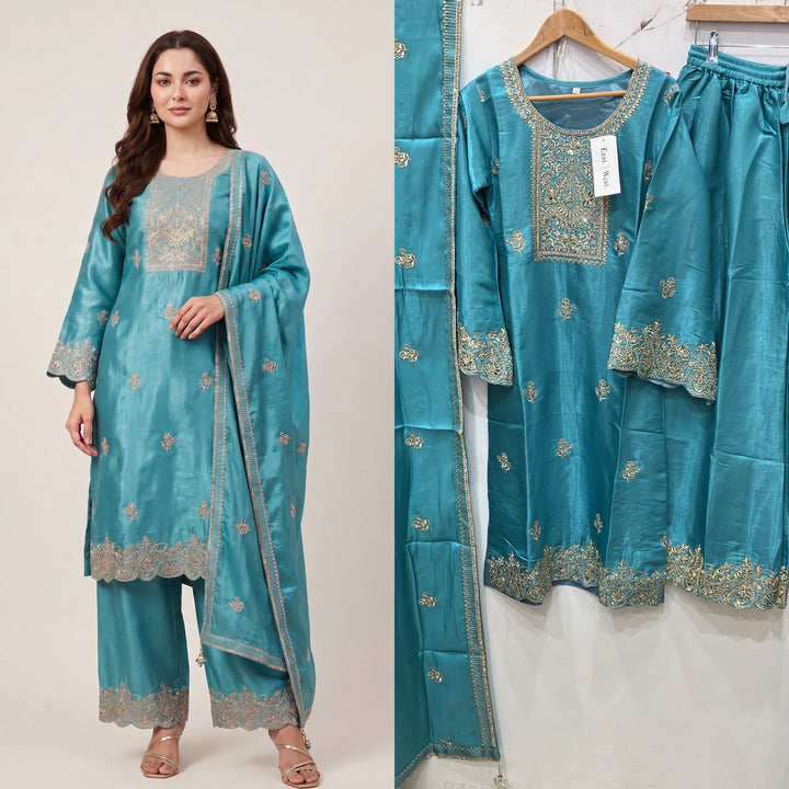 315D- TURQUOISE EMBROIDERED SHIMMER SILK 3 PIECE SUIT
