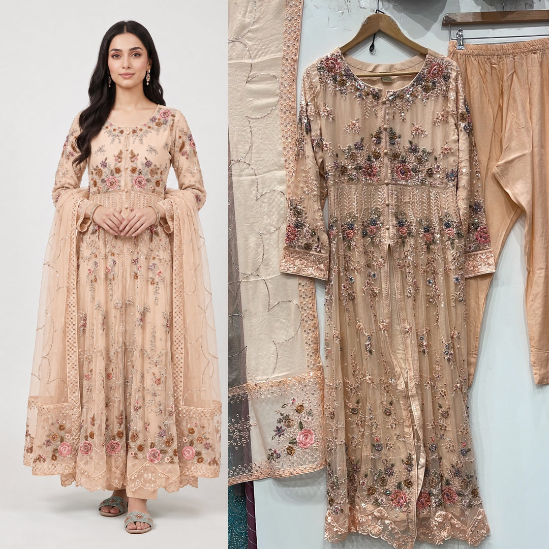 371B PEACH CHIFFON EMBROIDERED LONG DRESS - East meets west clothing 