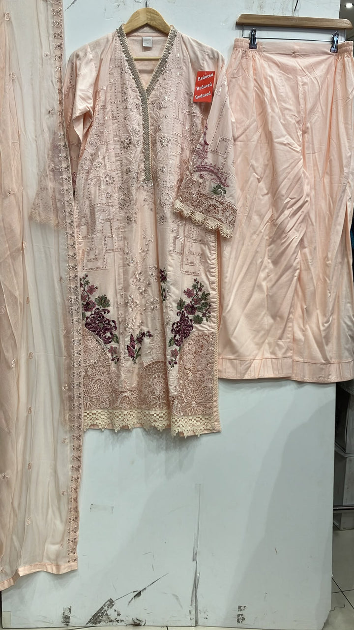 1117C - Light Peach Embroidered Cotton 3 Piece suit