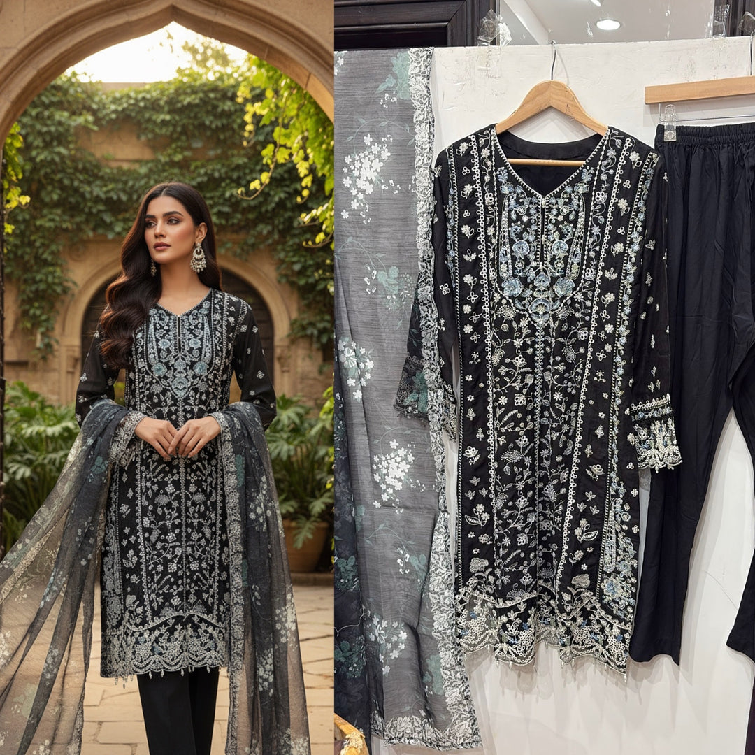 1152B -  BLACK EMBROIDERED LINEN 3 PIECE SUIT