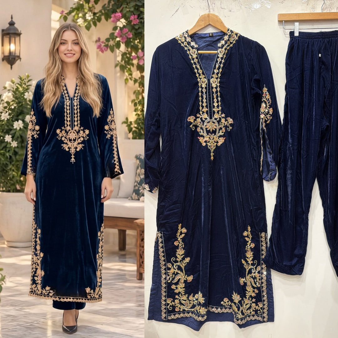 W636 LUXURY VELVET EMBROIDERED KAFTAN SET - East meets west clothing 