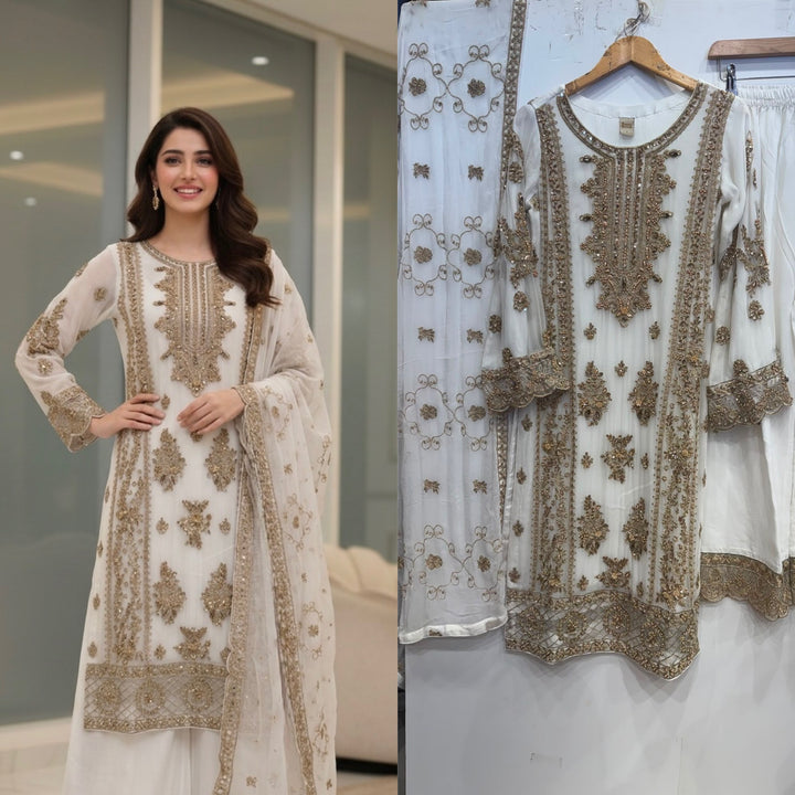 348B- Embroidered Chiffon 3 Piece Suit