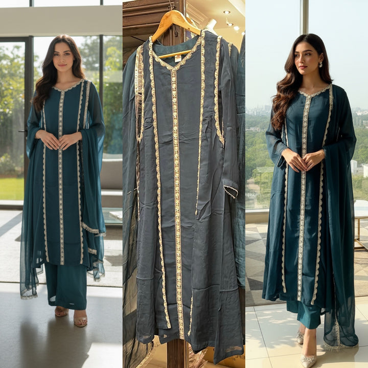 434A - TEAL CHIFFON EMBROIDERED ADDA WORK SUIT