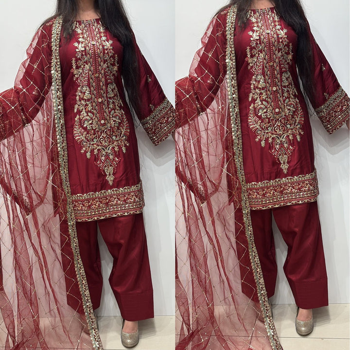 FR04 - MAROON EMBROIDERED VISCOSE SILK SUIT WITH FARSHI SHALWAR