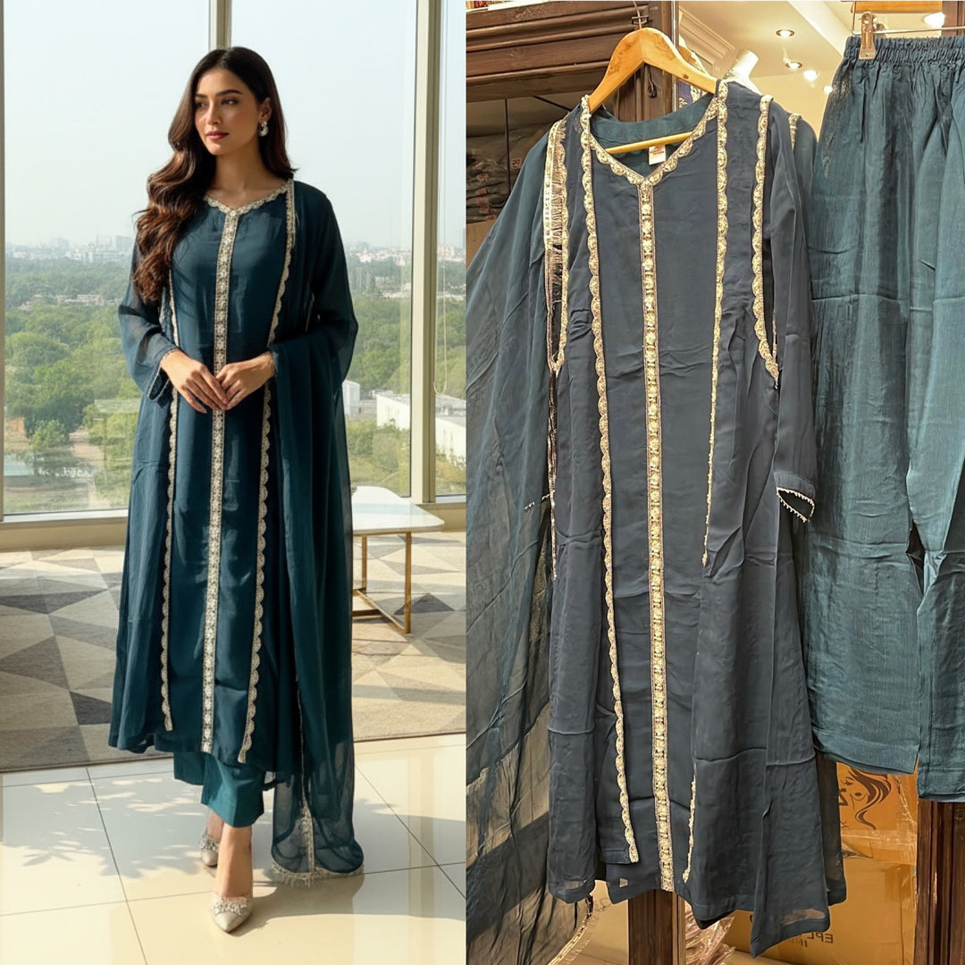 434A - TEAL CHIFFON EMBROIDERED ADDA WORK SUIT