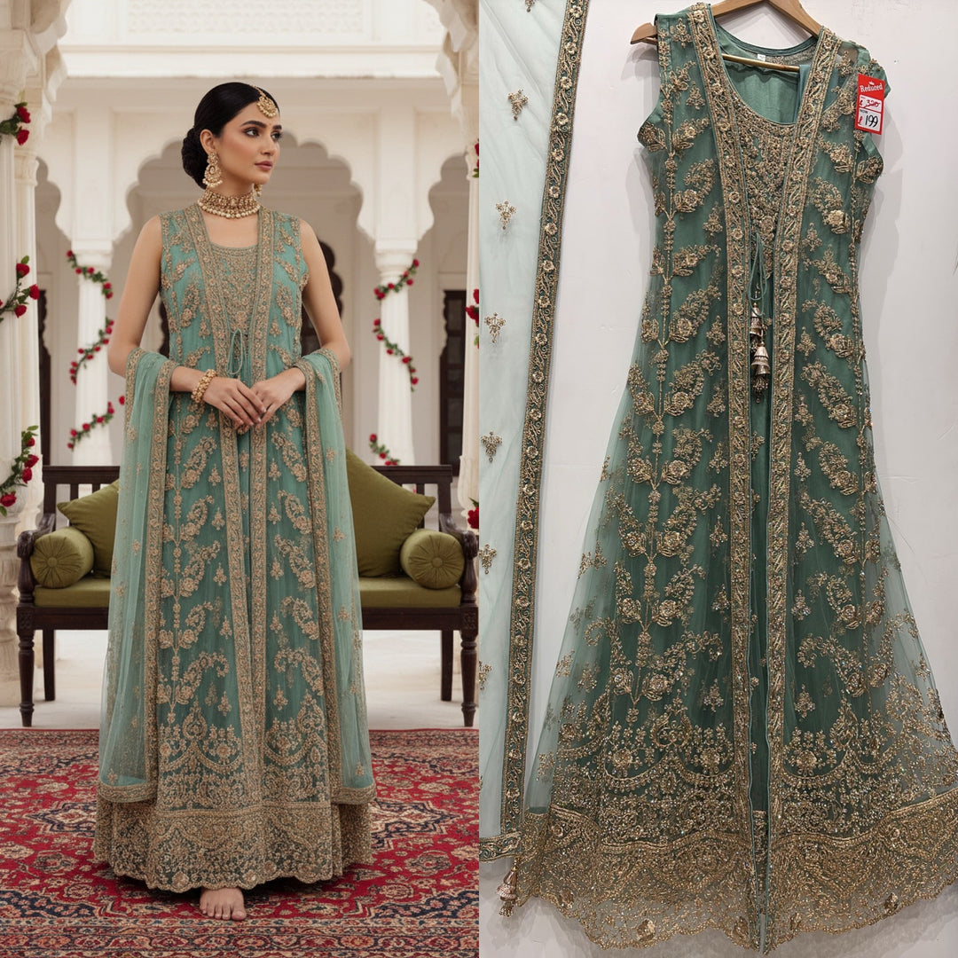 7014D- Green Embroidered & Embellished net long dress