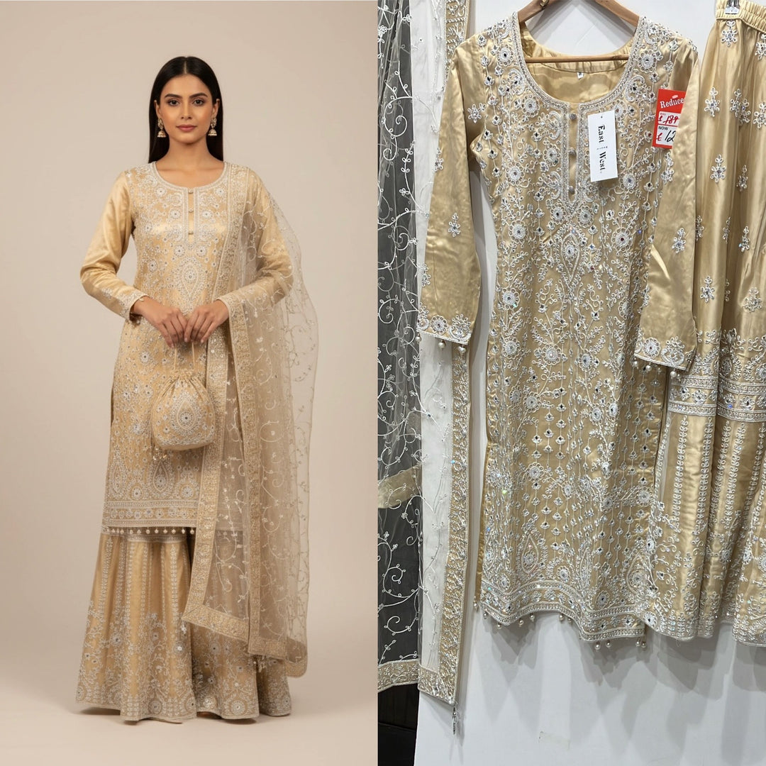 179C - BIEGE GOLD EMBROIDERED & EMBELLISHED NET SUIT