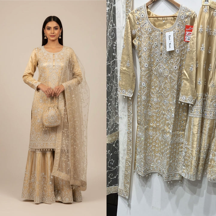 179C - BIEGE GOLD EMBROIDERED & EMBELLISHED NET SUIT