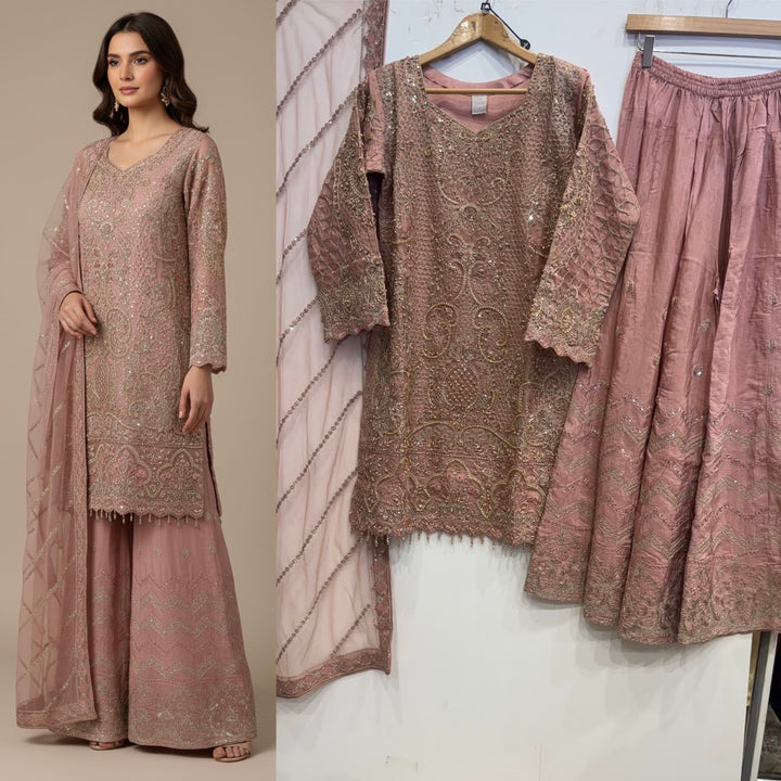 346B- Pink Embroidered Chiffon 3 Piece Suit